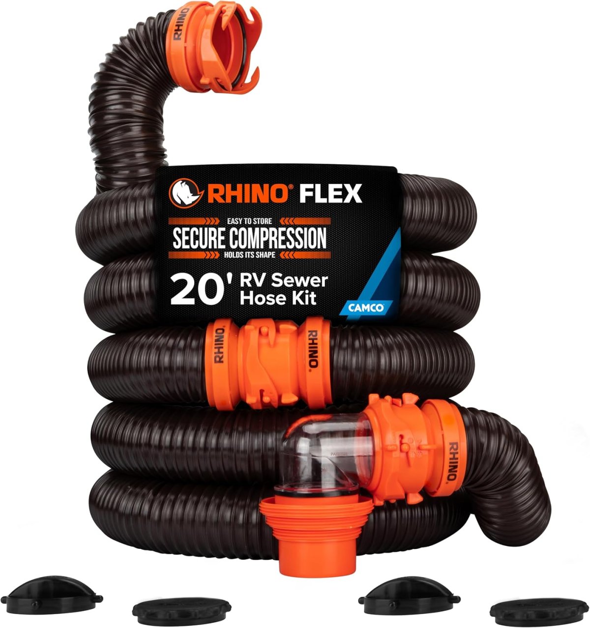 The Camco RhinoFLEX 39742 kit, with its clamp-on swivel/bayonet fittings