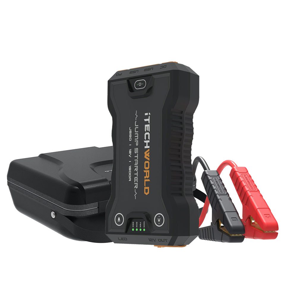 The iTechworld JS60 lithium jump starter and power bank in its heavy-duty carry case.