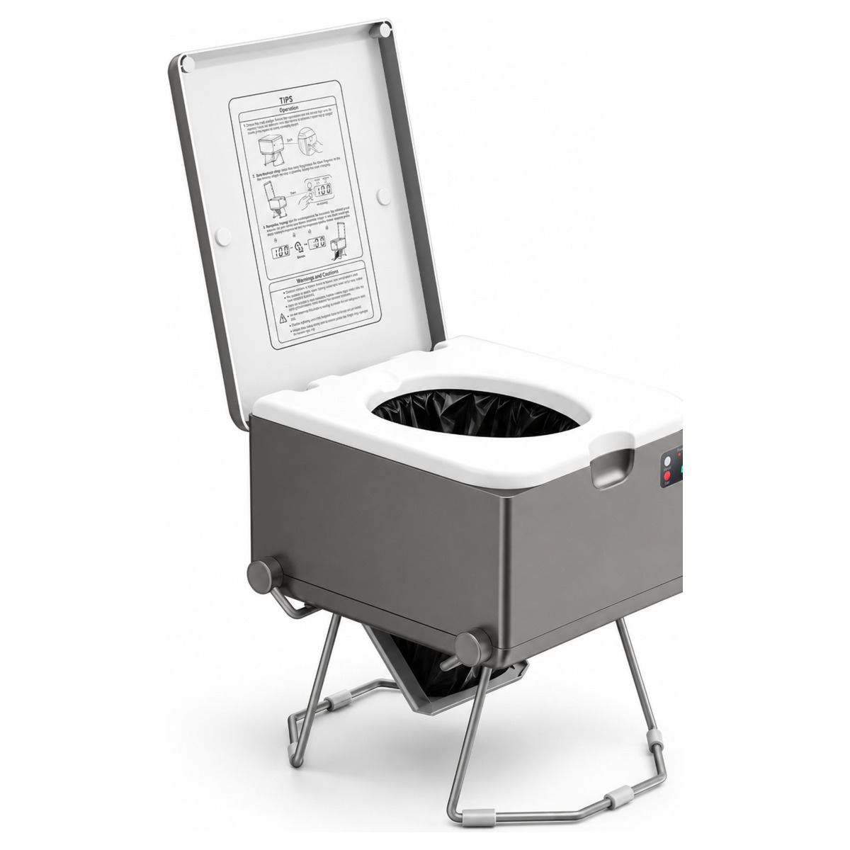The Modiwell EVO LE-310 portable dry flush toilet, lid open showing the sealed bag and seat