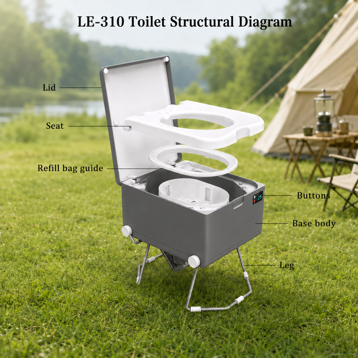 Labelled diagram of the Modiwell LE-310 showing the lid, seat, refill bag guide, buttons, base body and folding legs