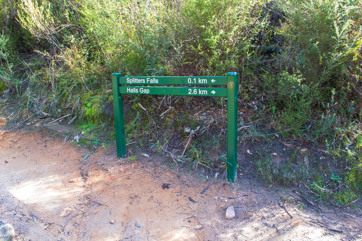 The signed junction on the main track pointing to Splitters Falls, 0.1km away
