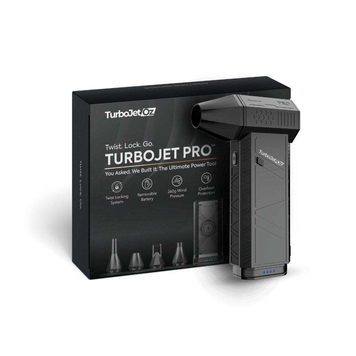 The TurboJet PRO handheld cordless blower next to its retail box, showing the four twist-lock nozzle tips and removable battery.