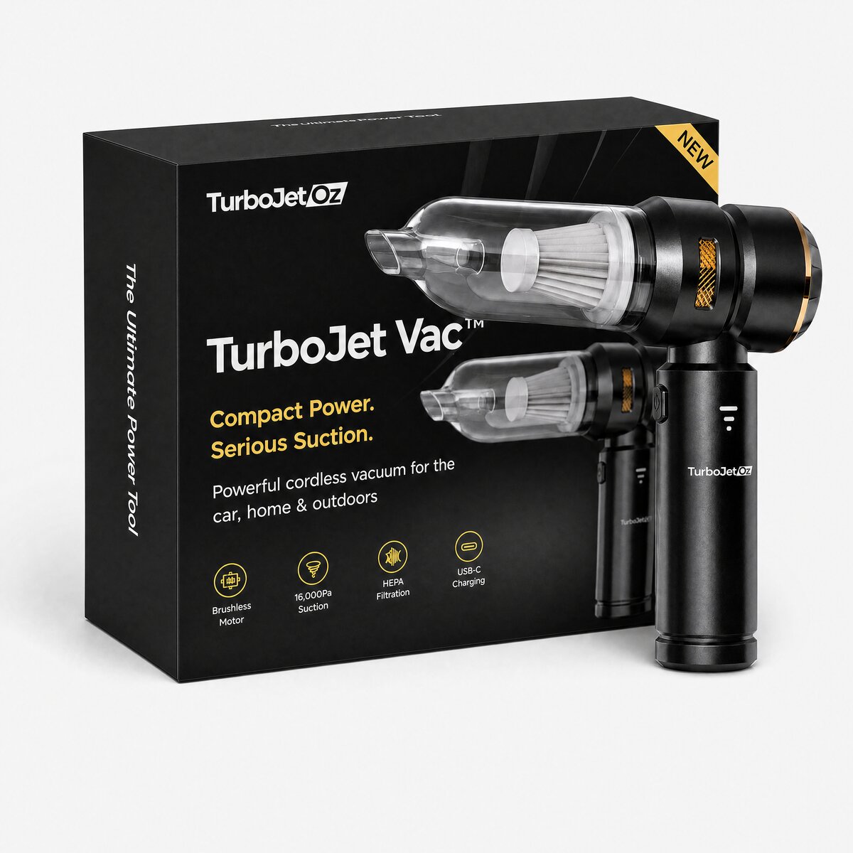 The TurboJet Vac handheld cordless vacuum with its multifunction nozzle attachments