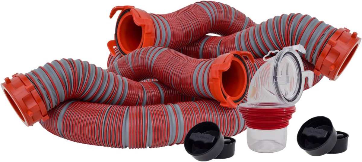 A collapsible RV sewer hose kit with hose sections, clear elbow adapter and drip caps laid out