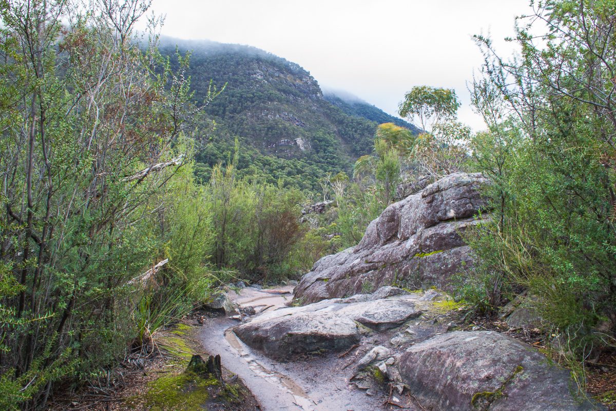 The rocky track opening up to a view across the gully